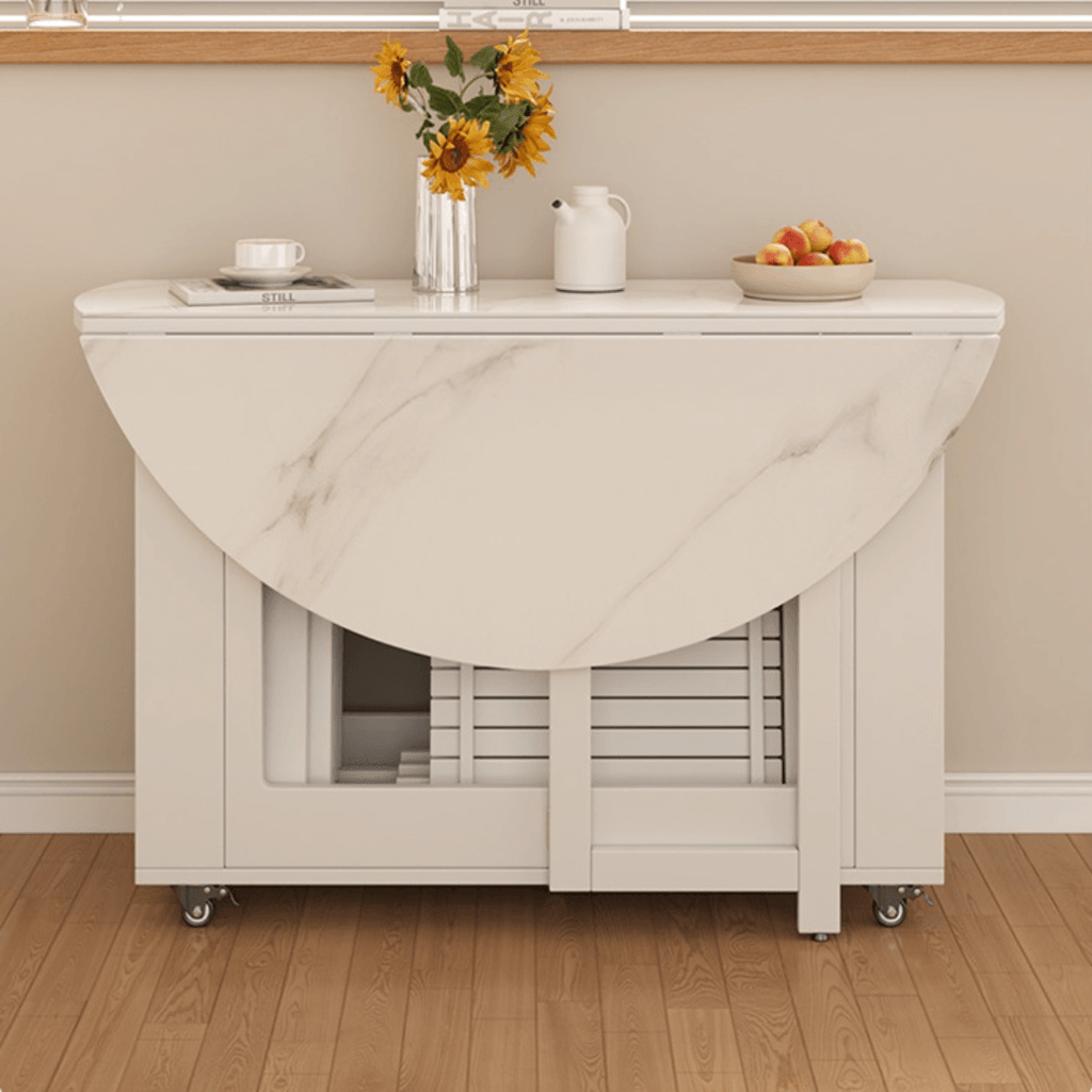 Round folding dining table with marble texture, perfect for small homes and space-saving design