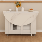 Round folding dining table with marble texture, perfect for small homes and space-saving design