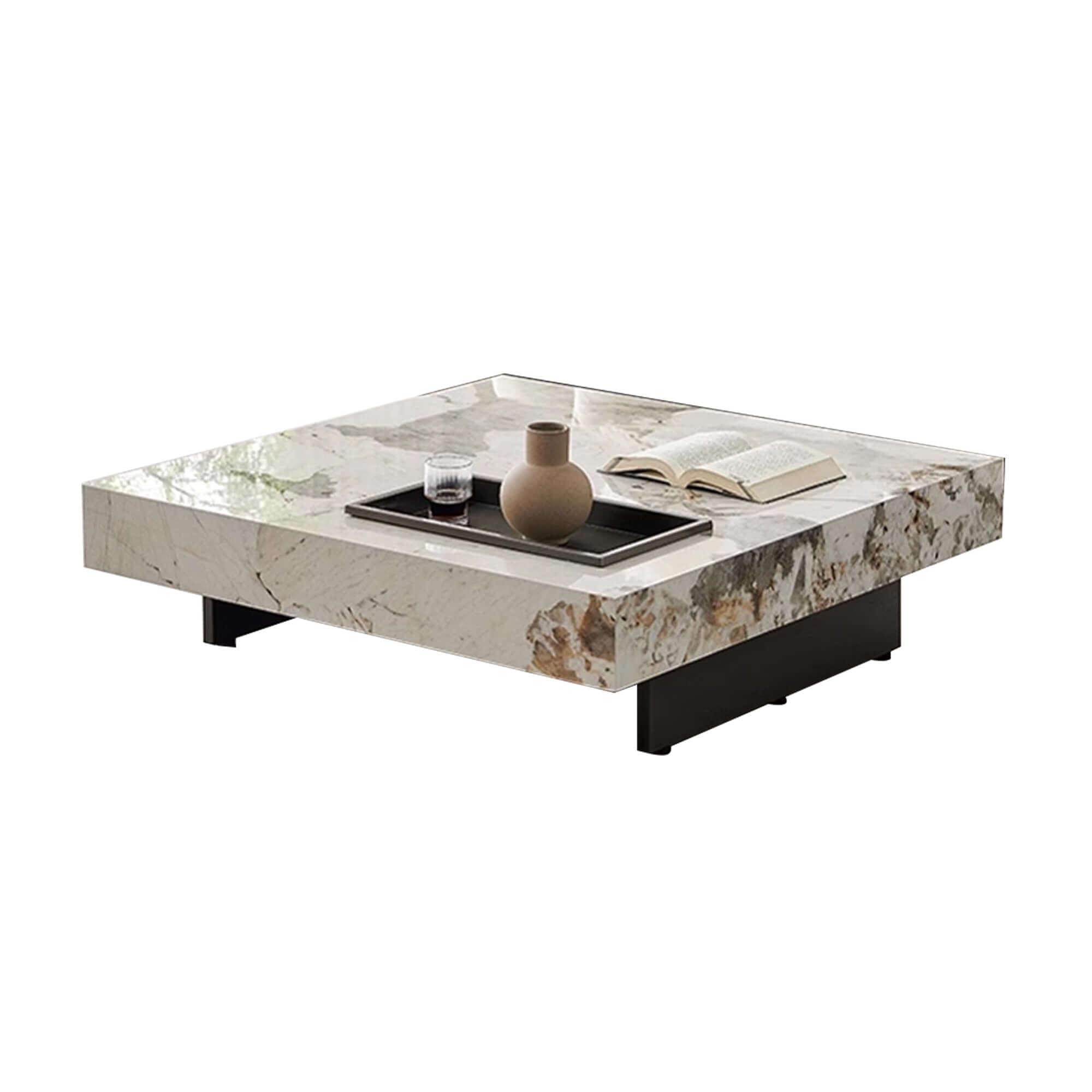 Square coffee table with luxury marbled top and sturdy metal legs