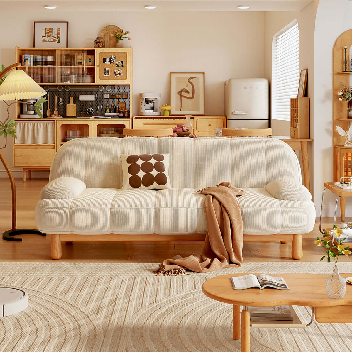 Cream white and green Japandi loveseat folding sofa bed with corduroy fabric upholstery