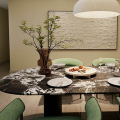 Oval Black Marble Modern Dining Table with Double Pedestal Base Dining Tables