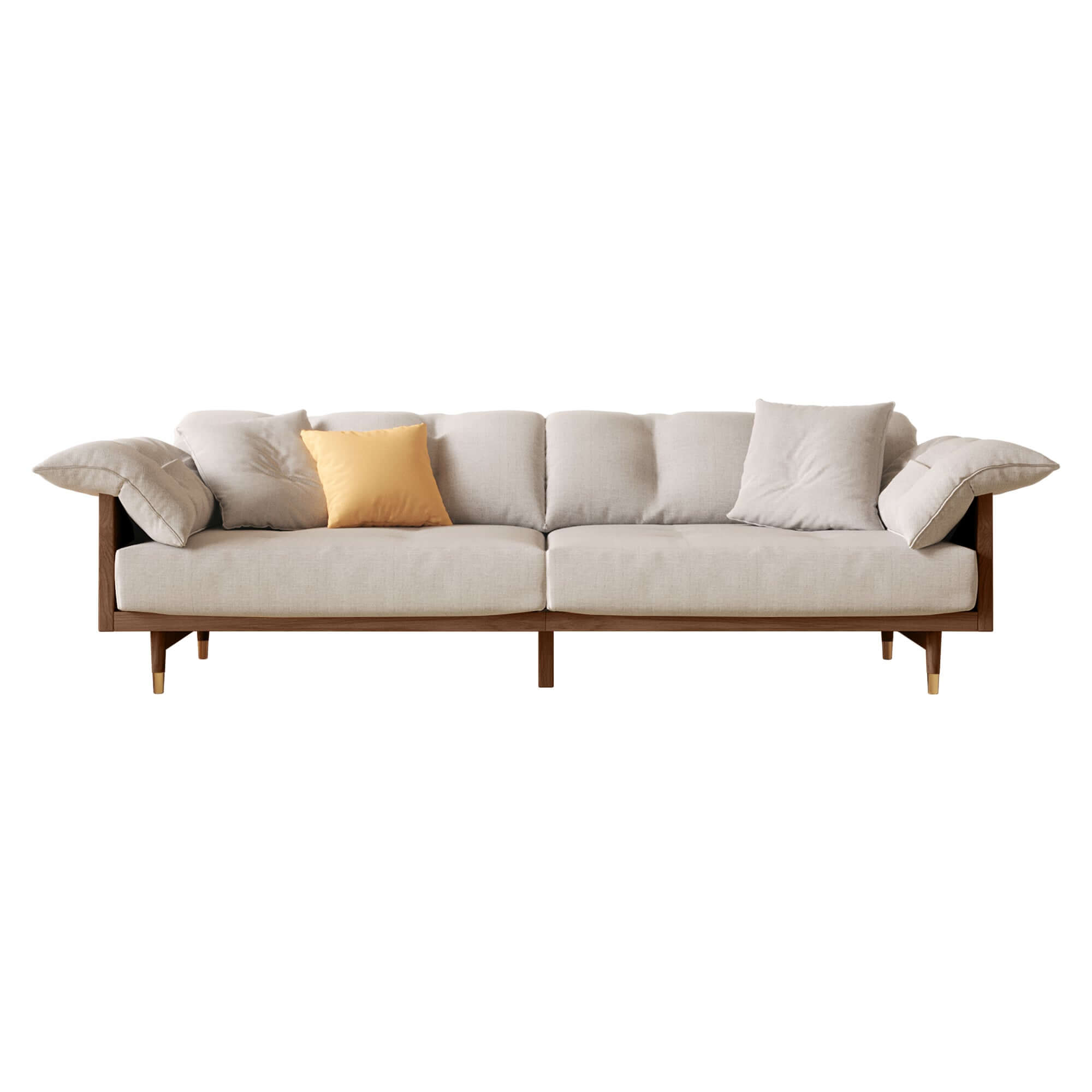 Modern 3-seat sofa with upholstered cotton linen cushions and solid wood frame