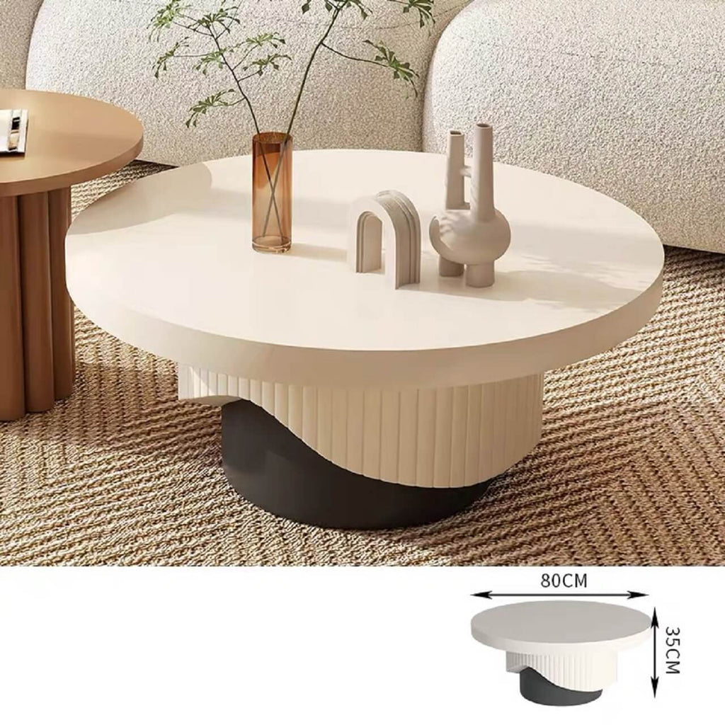 Set of two round coffee tables with fluted base in white and walnut finish