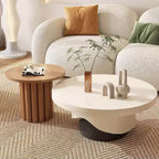 Set of two round coffee tables with fluted base in white and walnut finish