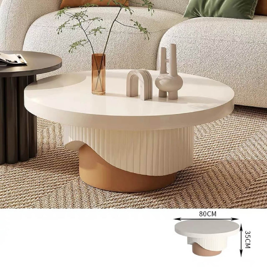 Set of two round coffee tables with fluted base in white and walnut finish