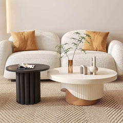 Round wooden coffee table set with fluted base in white and walnut