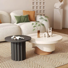 Round wooden coffee table set with fluted base in white and walnut