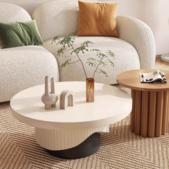 Round wooden coffee table set with fluted base in white and walnut