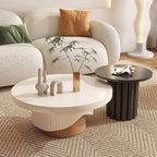 Set of two round coffee tables with fluted base in white and walnut finish