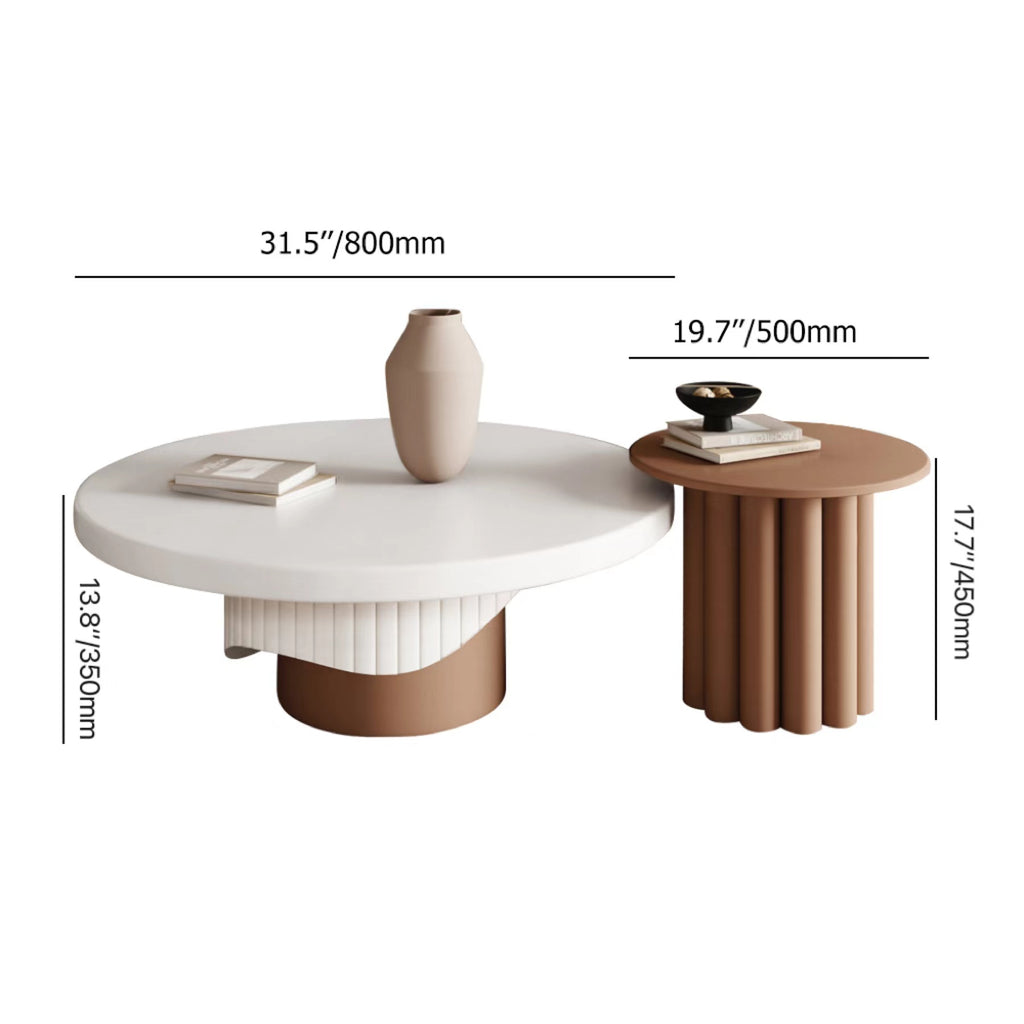 Set of two round coffee tables with fluted base in white and walnut finish dimensions