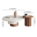 Set of two round coffee tables with fluted base in white and walnut finish dimensions