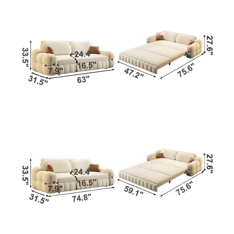 3-in-1 Sofa Bed with Space-Saving Design, Cream White Dimensions