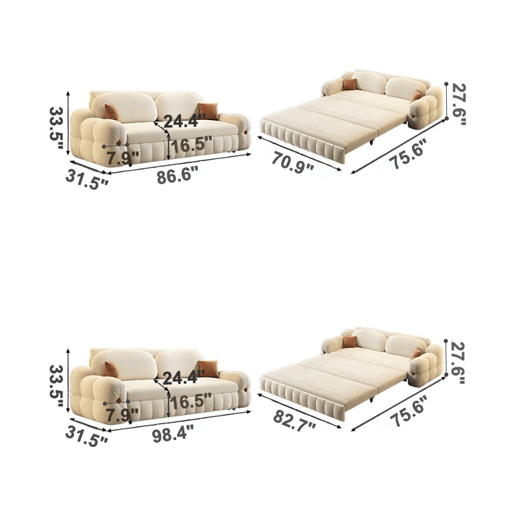 3-in-1 Sofa Bed with Space-Saving Design, Cream White Dimensions