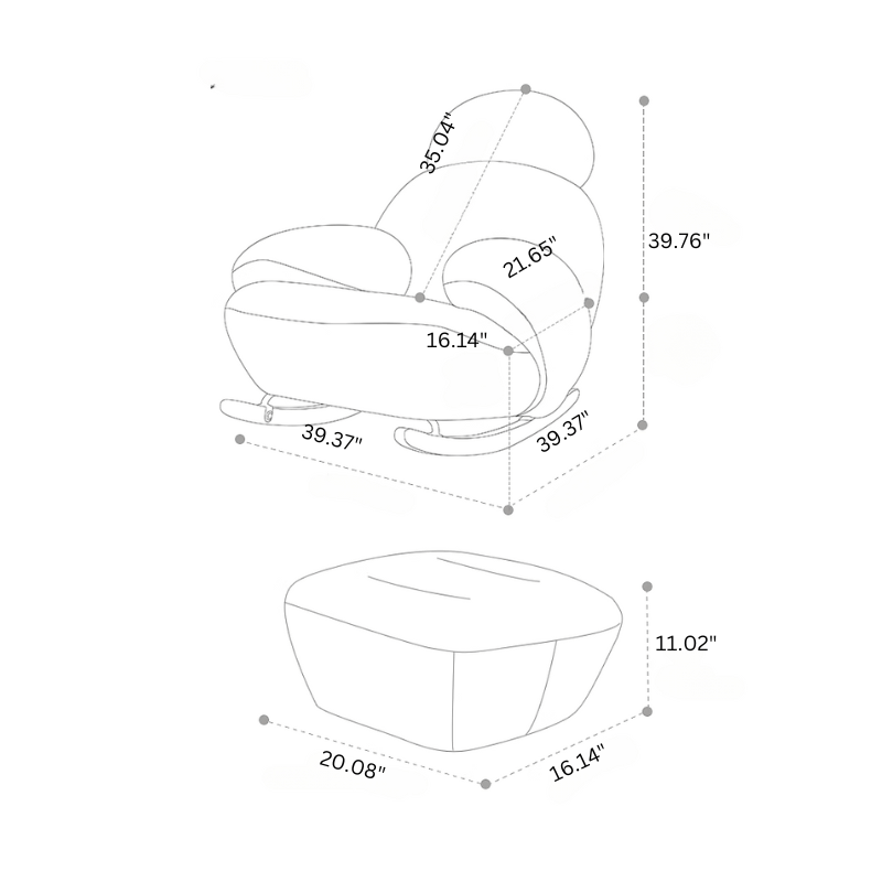 Nordic rocking lounge chair with white, gray, and pink boucle sherpa upholstery and solid wood base
