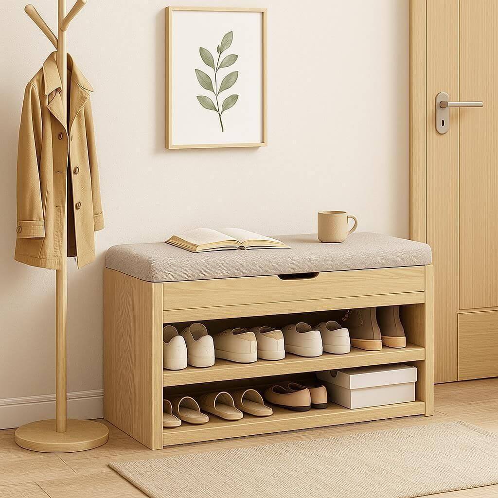 3-Tier Shoe Storage Bench with Lift-Up Seat and Open Shelving