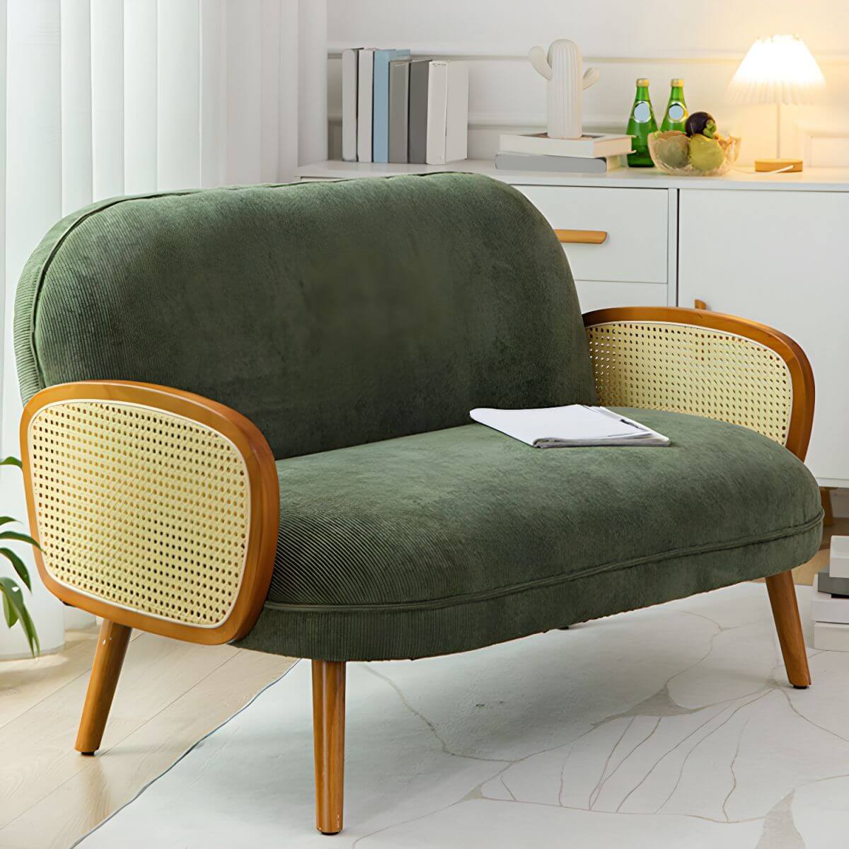 Contemporary wooden sofa with stain-resistant polyester upholstery for living room