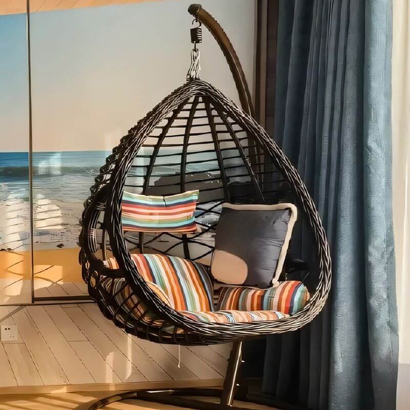 Metal upholstered porch swing egg chair with stand and chain, seating for two in cocoa and cream colors main product image Main image