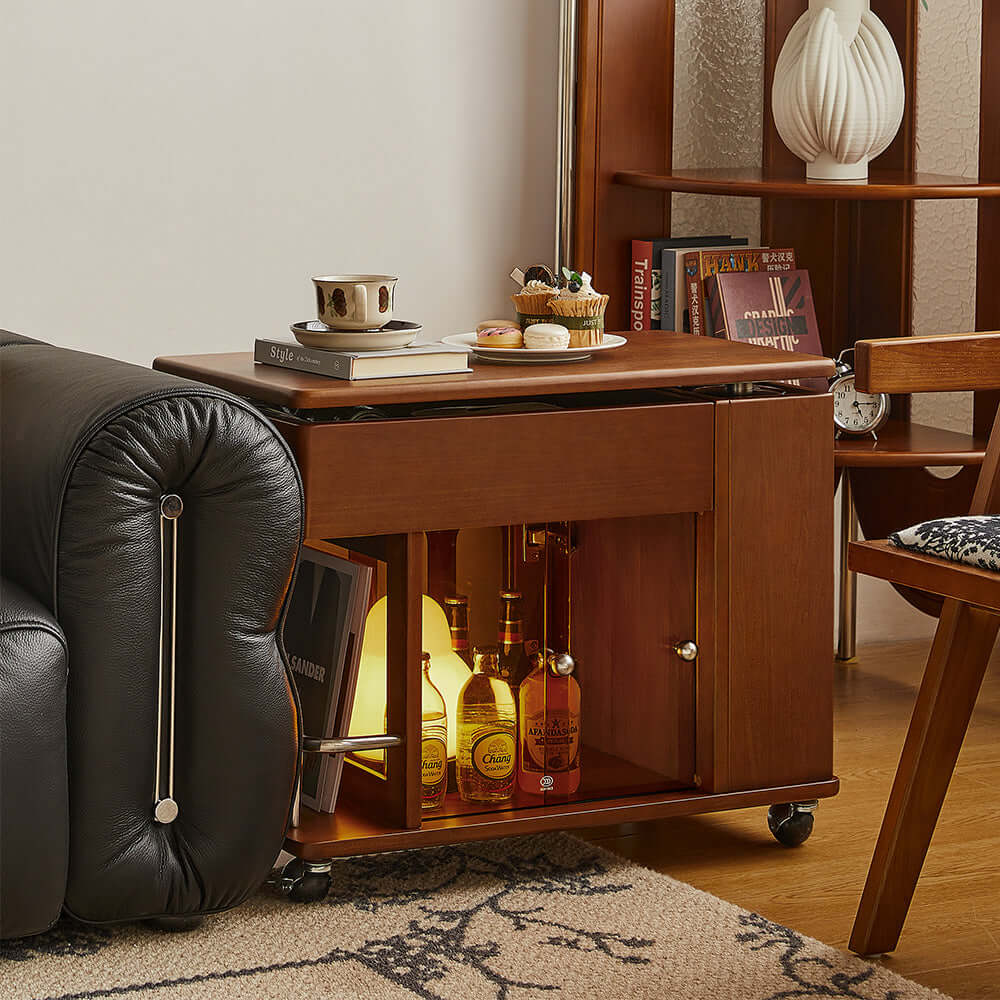 Adjustable solid wood mobile side cabinet with lift-up table top for versatile storage