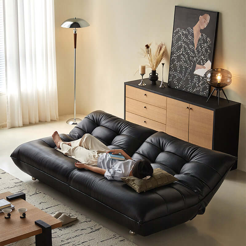 Togo style leather sleeper sofa bed without arms, perfect for compact living spaces