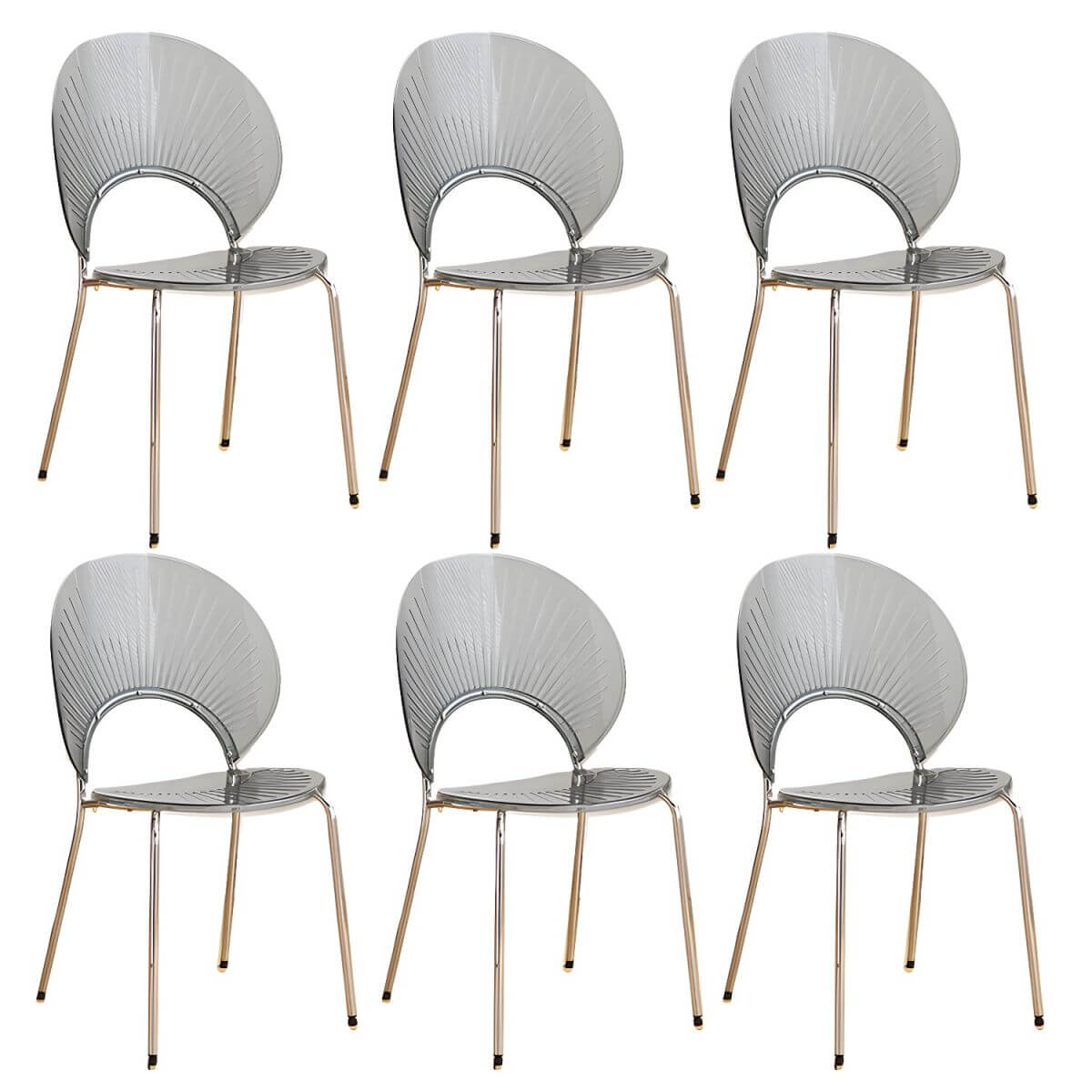 Stackable acrylic dining chair with open back and metal legs, armless design for modern dining rooms