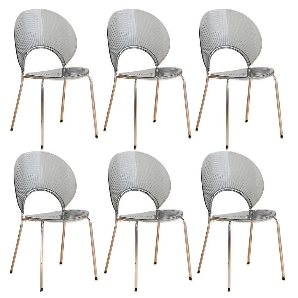 Stackable acrylic dining chair with open back and metal legs, armless design for modern dining rooms