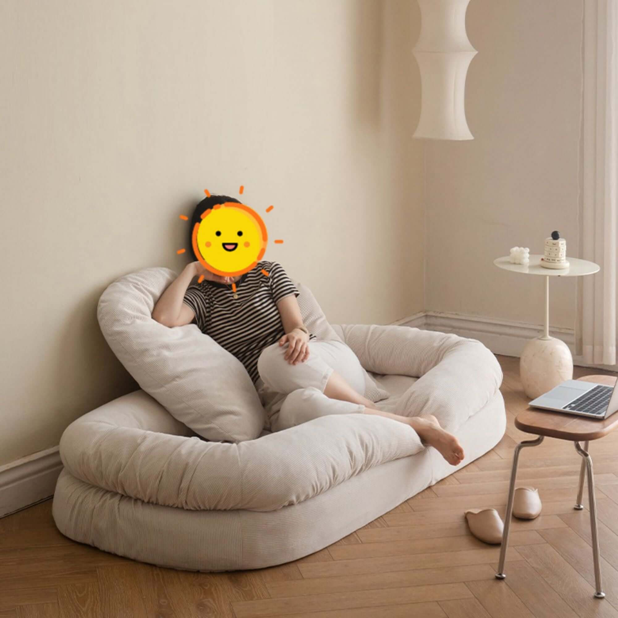 Beige modern convertible sleeper sofa bed with soft teddy velvet upholstery