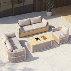 4 Pieces Modern Aluminum & Rope Outdoor Swivel Sofa Set with Coffee Table in Khaki