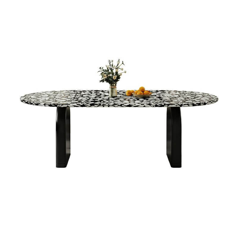 Oval modern dining table with stone top and black wood double pedestal base, 55.1 by 31.5 inches