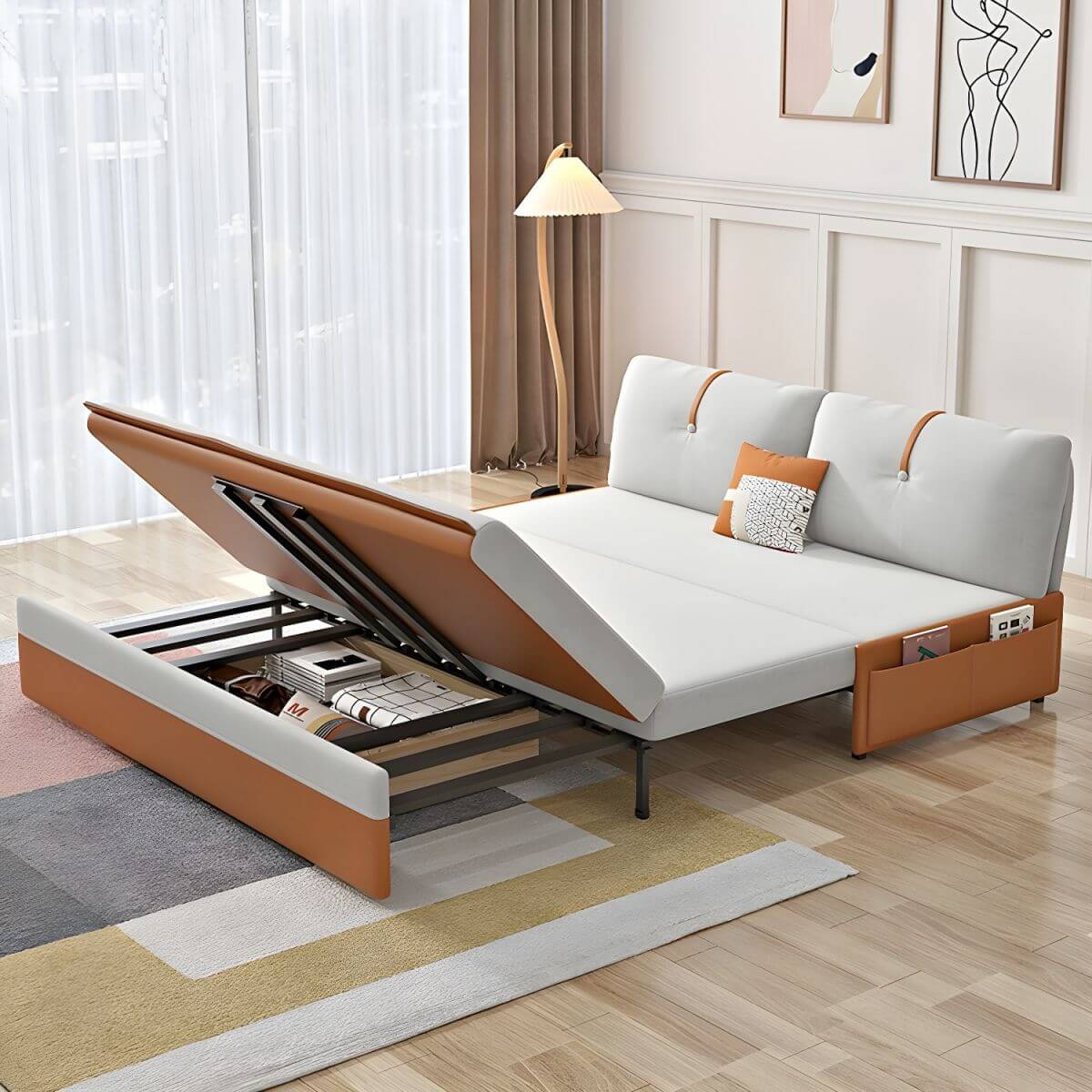 Orange polyester blend sleeper sofa with steel frame and casters, modern futon for versatile seating