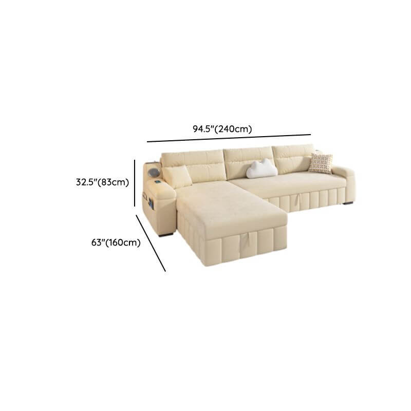Dimension of Beige Twill Sofa Recliner with USB Port, Under-seat Storage, Left Orientation, and L-Shape Design, 94"L x 63"W x 33"H