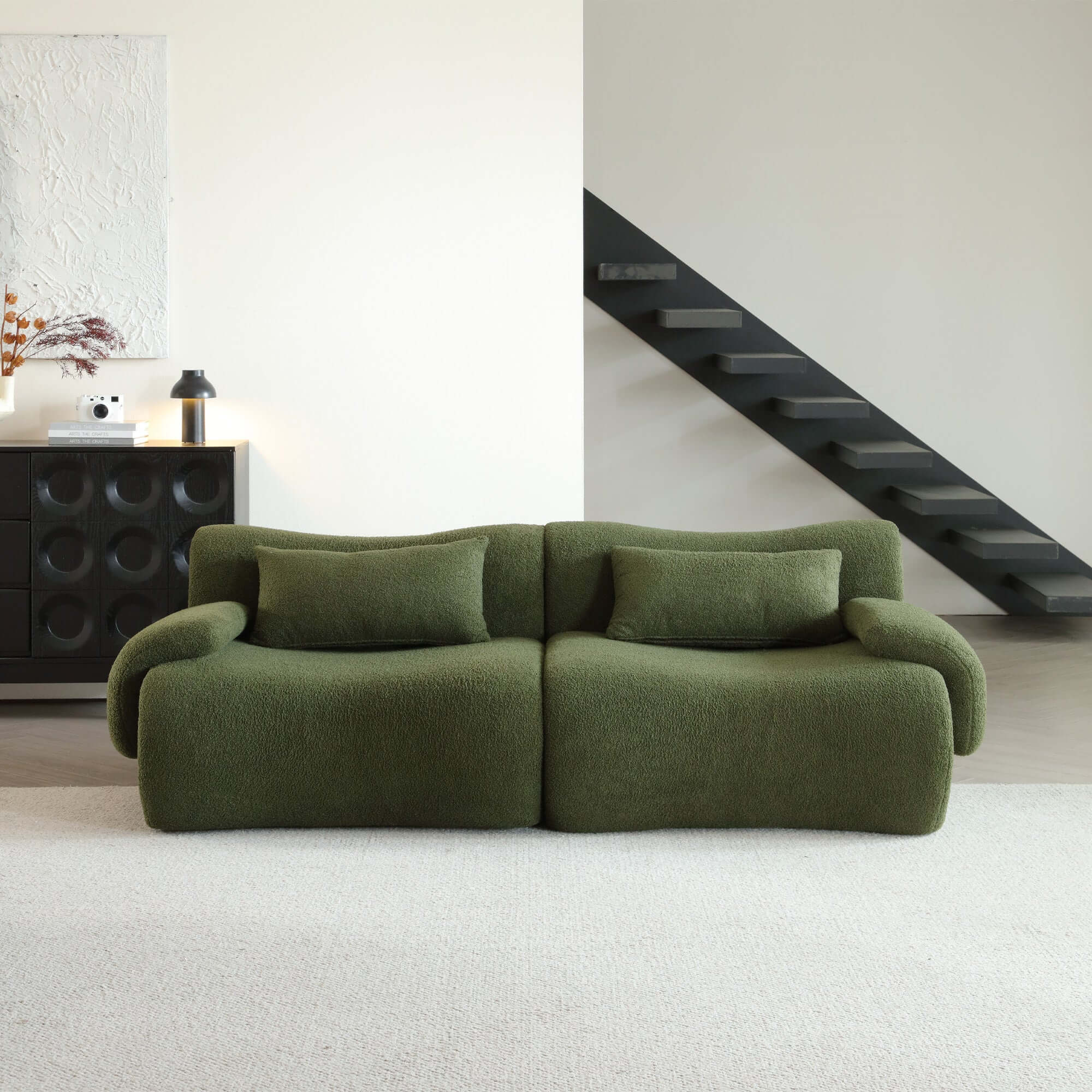 Modern sectional sofa upholstered in soft teddy velvet fabric with modular design