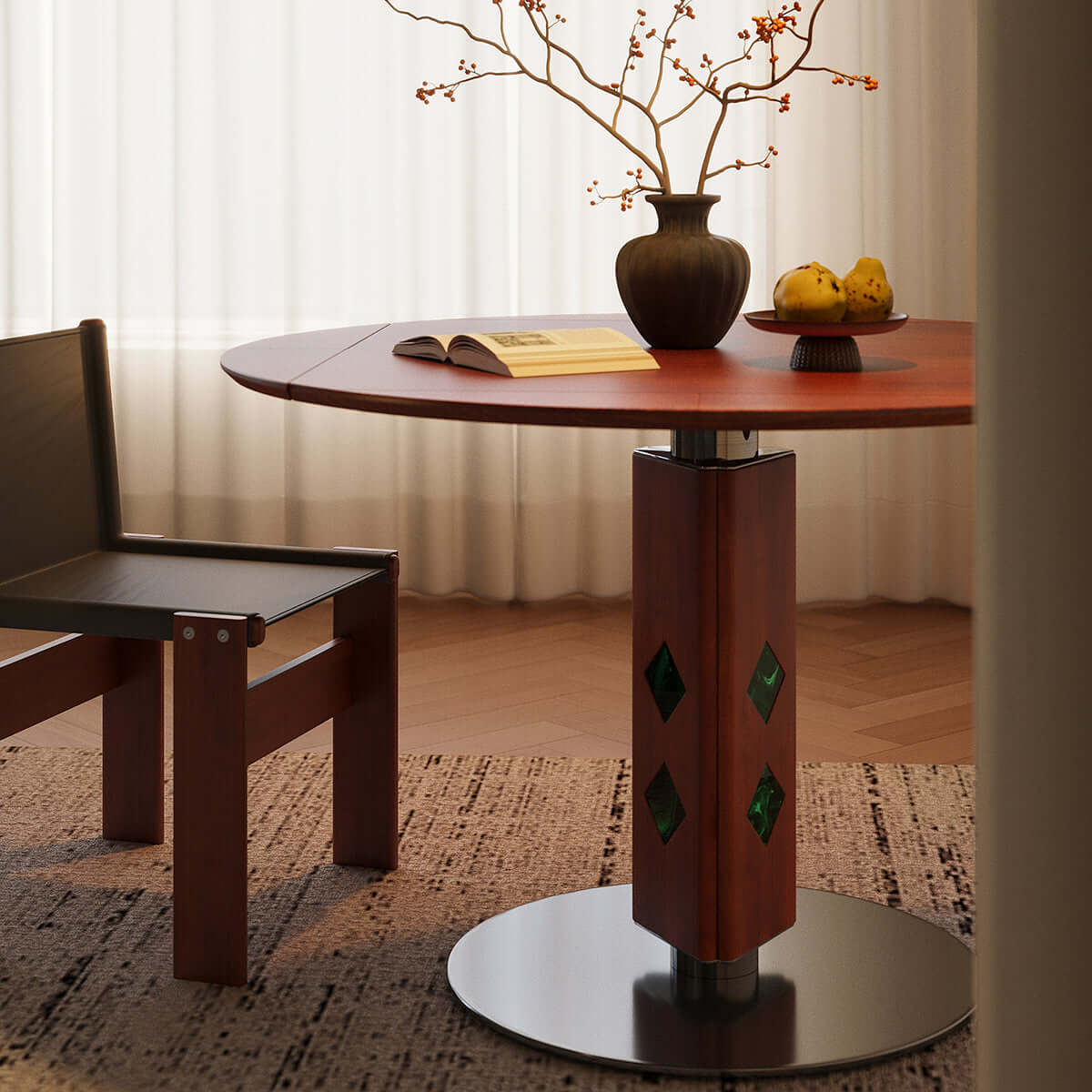 Round foldable dining table with French vintage design, perfect for small spaces and easy storage