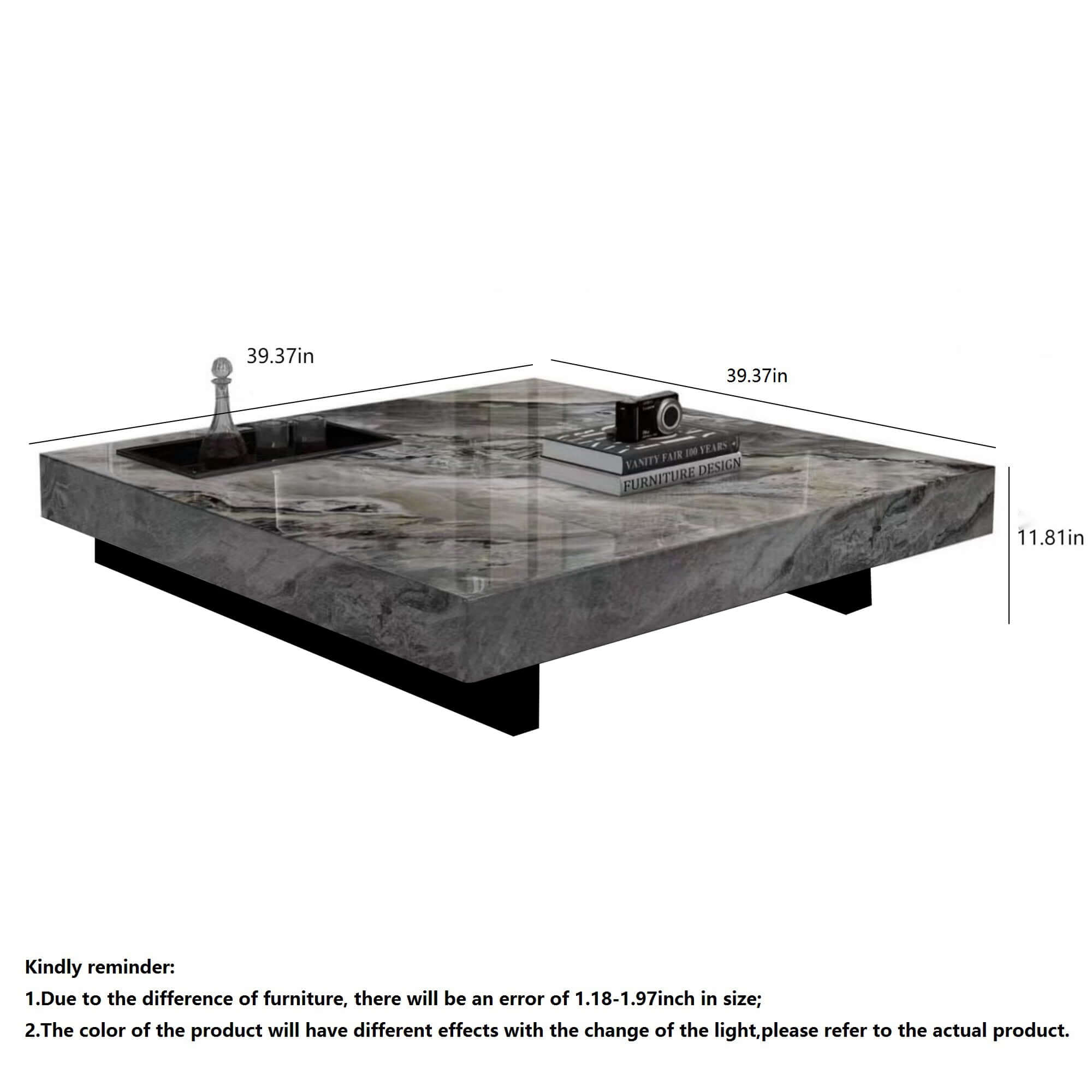 Square coffee table with luxury marbled top and sturdy metal legs