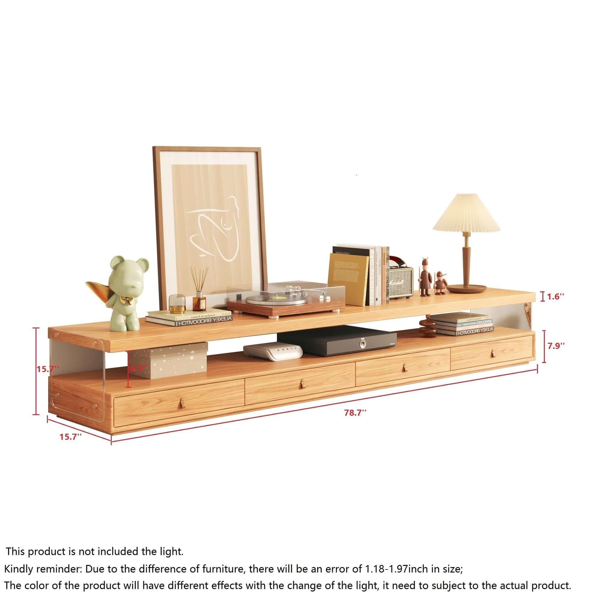 Wood media center TV stand featuring shelves and four drawers for organized storage