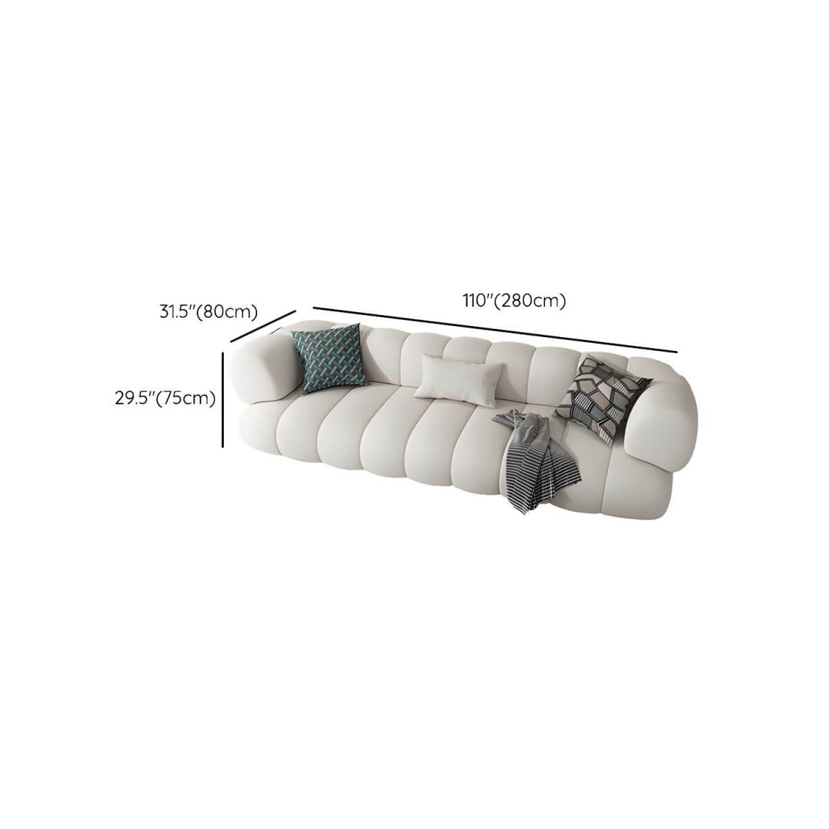 White Scandinavian fabric sofa with biscuit back and tuxedo arms