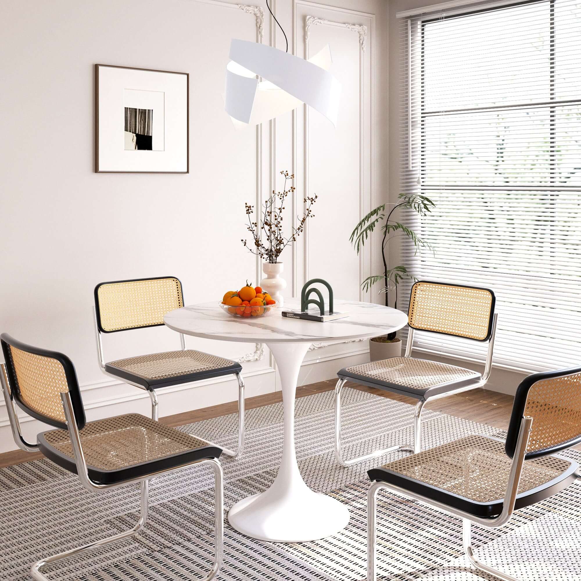 Round white rock slab dining table with minimalist design, 35.43 inches in diameter