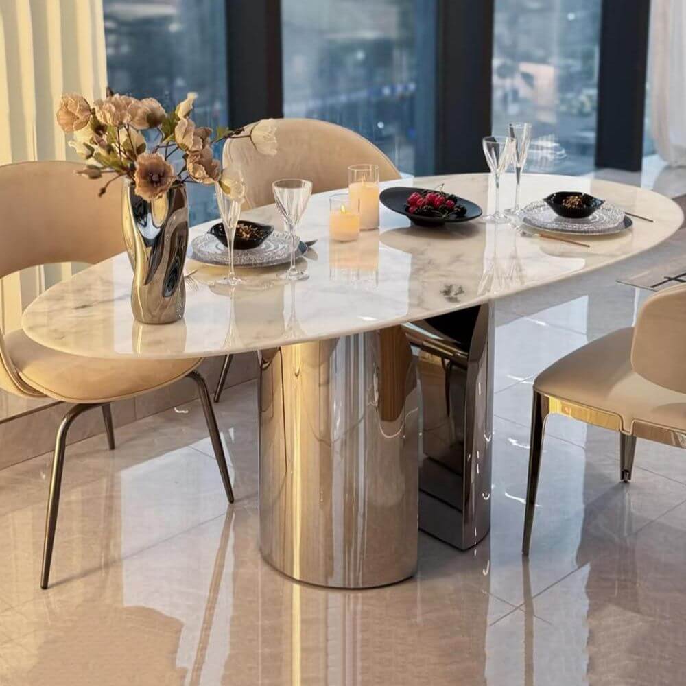 Oblong marble dining table with white Art Deco style and fixed legs main product image Hauptbild