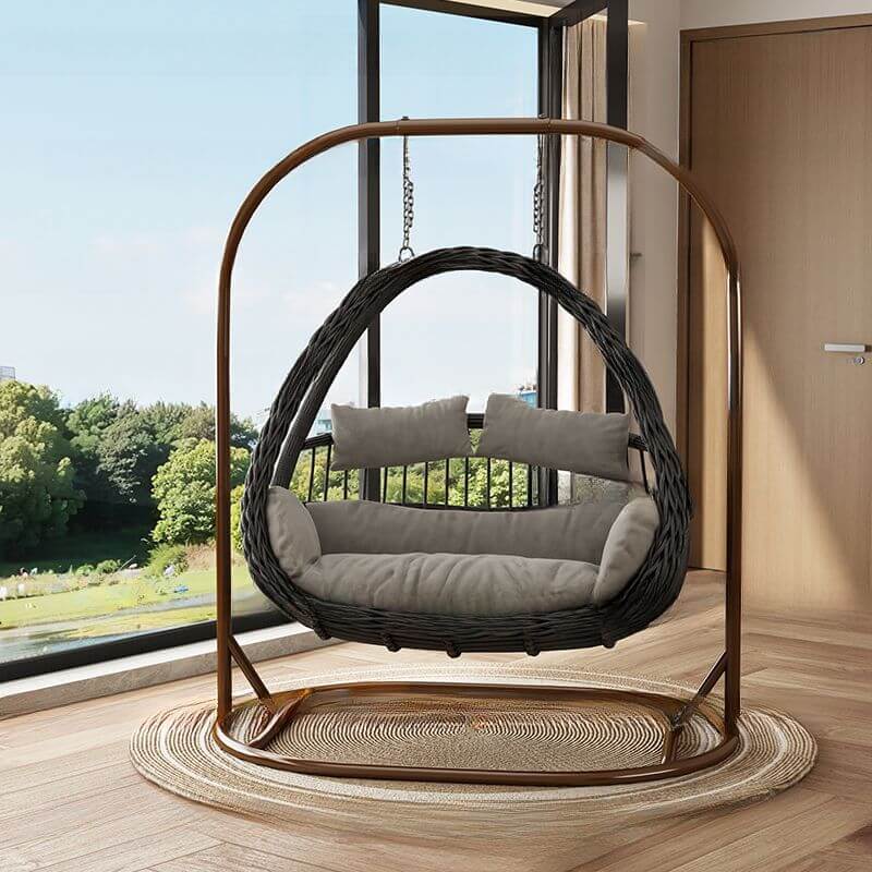 Cocoa metal 2-seater porch swing egg chair with stand, cushions, and wear-resistant design