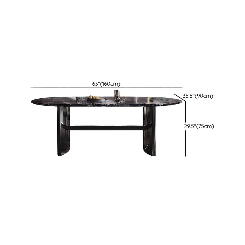 Oval dining table with black marble top and trestle metal base, modern dining room set