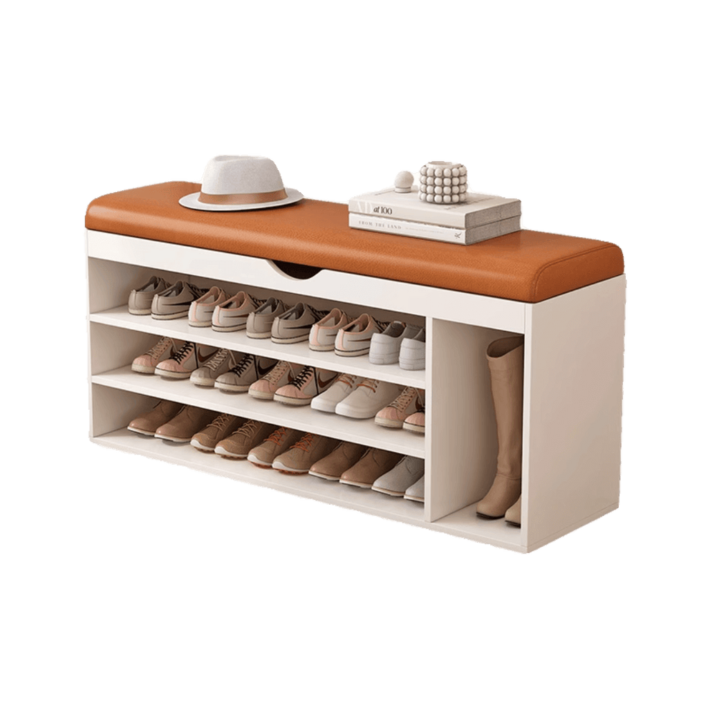 Modern white and orange shoe bench with upholstered seat and space-saving storage