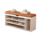 Modern white and orange shoe bench with upholstered seat and space-saving storage