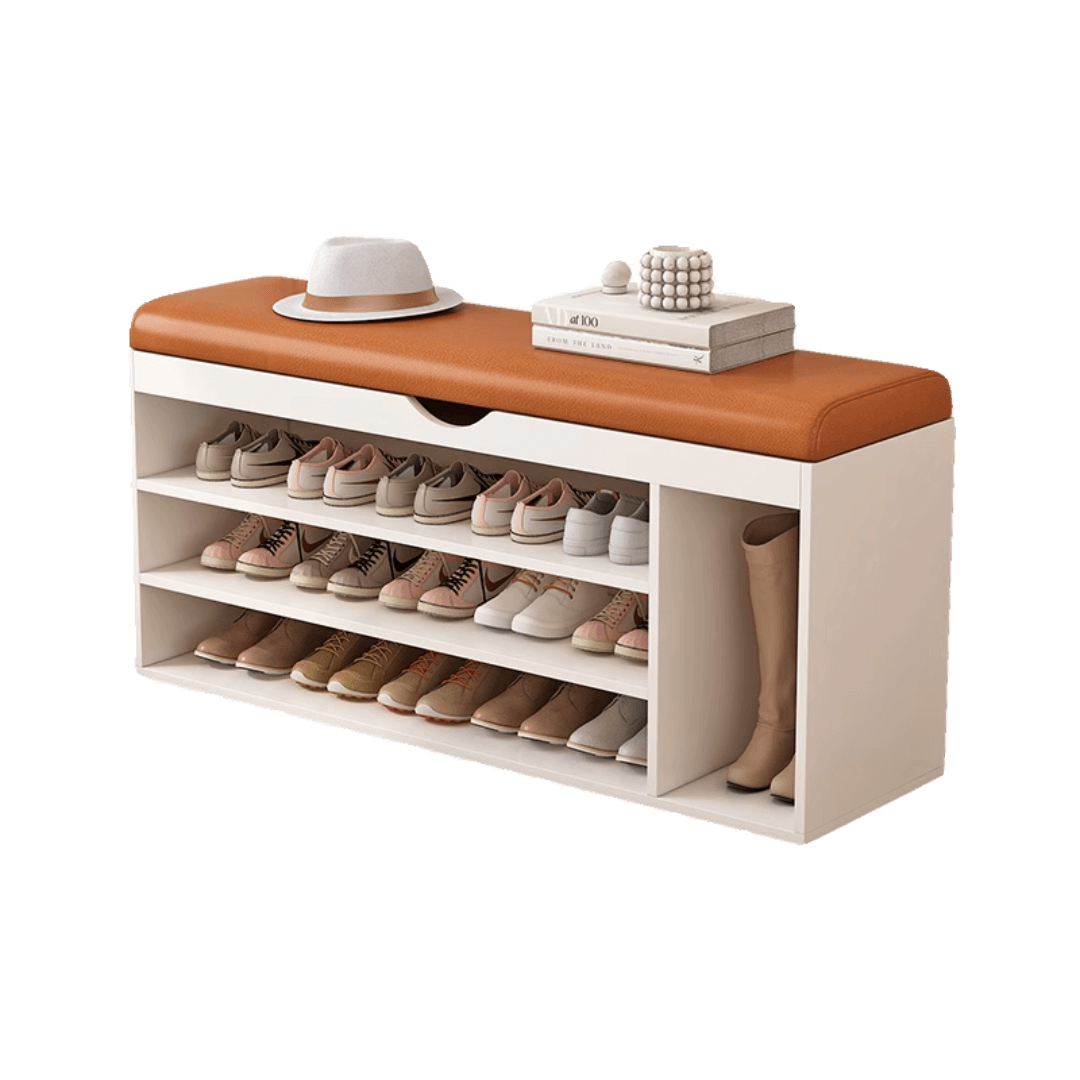 Modern white and orange shoe bench with upholstered seat and space-saving storage