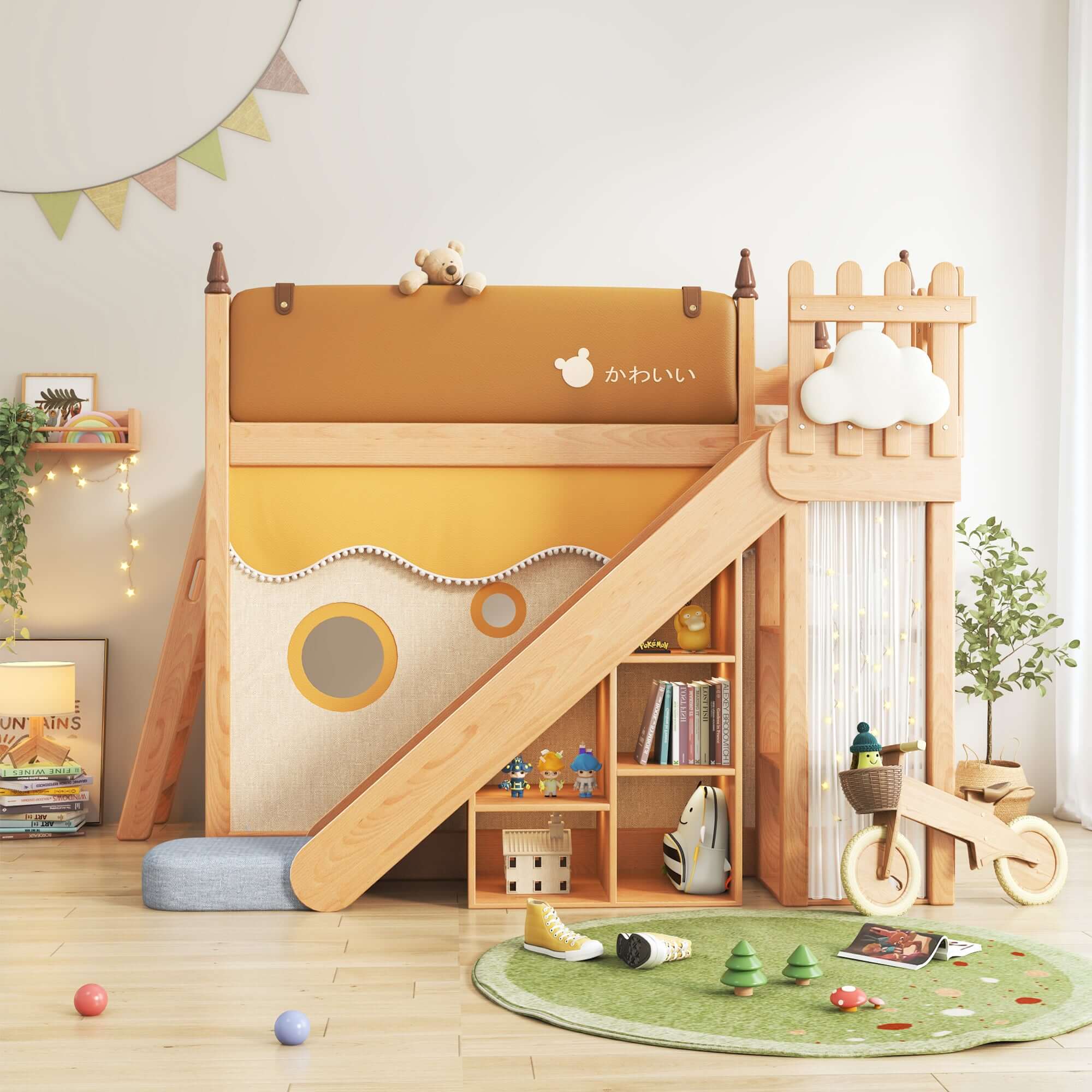 Solid wood children's bunk bed with slide, storage, and play tent for kids' bedroom