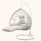 Metal upholstered porch swing egg chair with stand and chain, seating for two in cocoa and cream colors