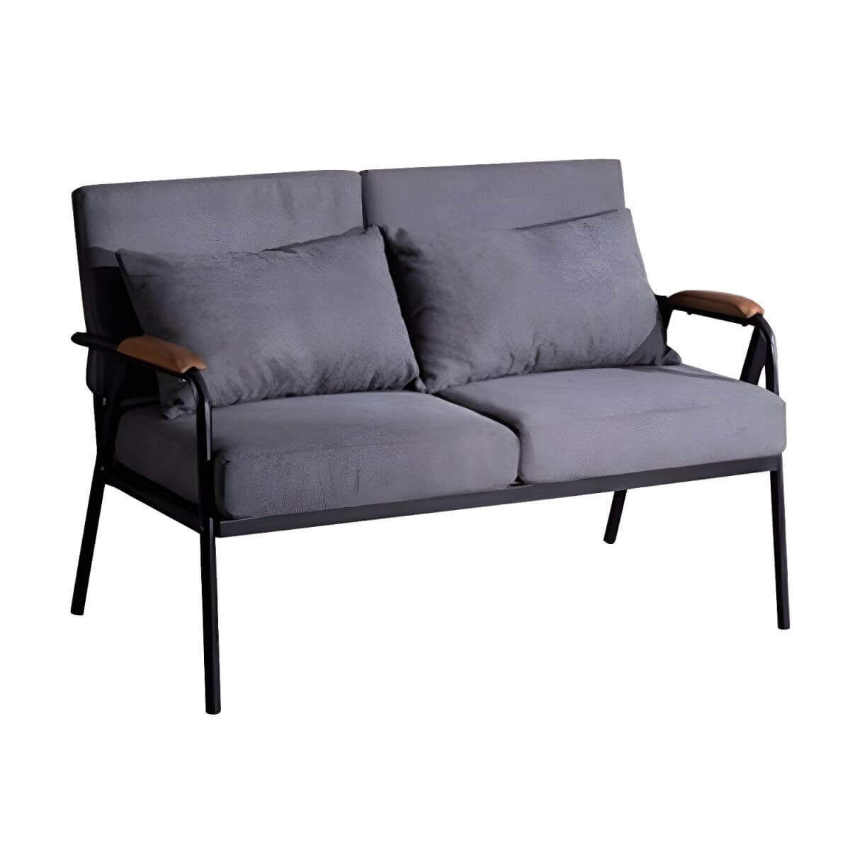 Mid century modern 2-seater sofa with black metal frame and solid wood arms