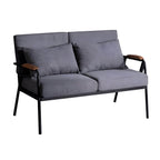 Mid century modern 2-seater sofa with black metal frame and solid wood arms