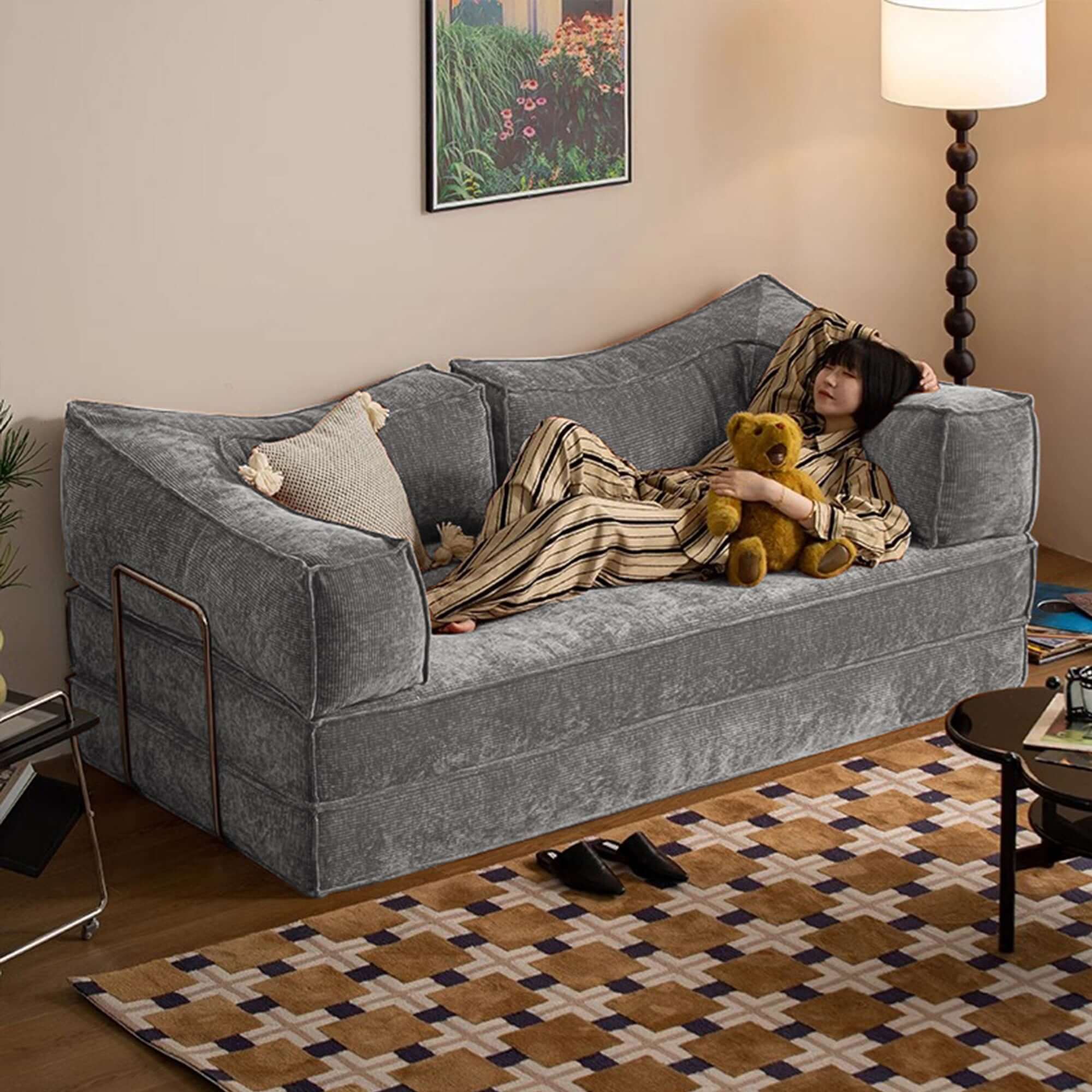 Compressed sofa bed with corduroy fabric and three stainless steel frames, DIY couch design
