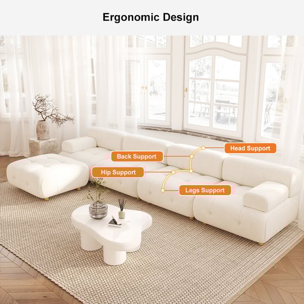 White modern L-shaped modular boucle sectional sofa loveseat with wood legs