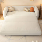 Modern white sleeper sofa with detachable mattress, casters, and black legs, 51 by 37 inches