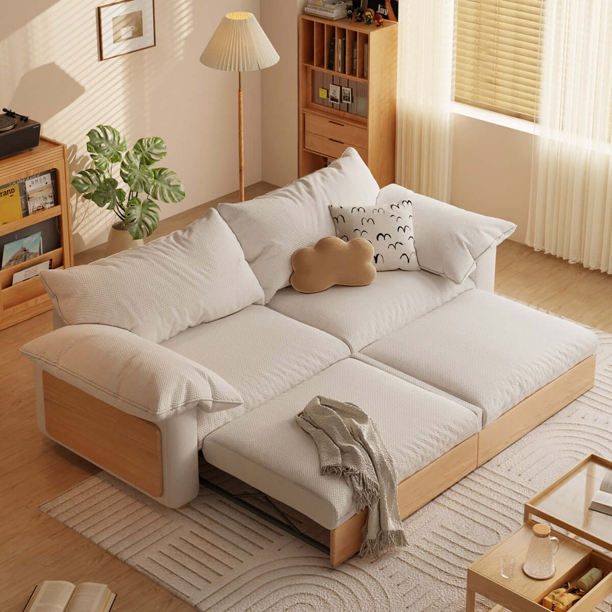 Japandi style pull-out sofa bed available in three fabric options for versatile seating and sleeping